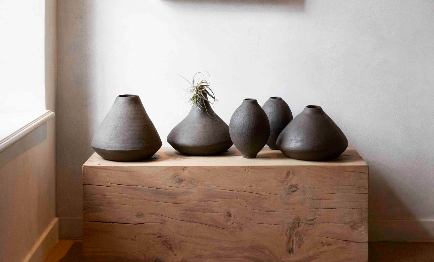 Group of handmade, black ceramic vessels 