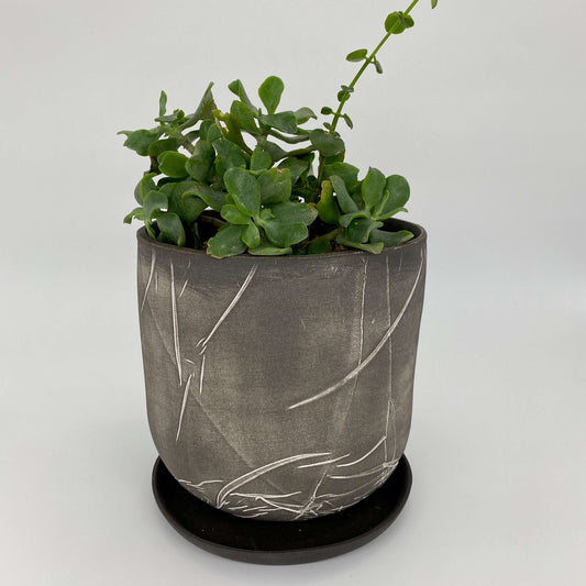 Black ceramic planter with white texture