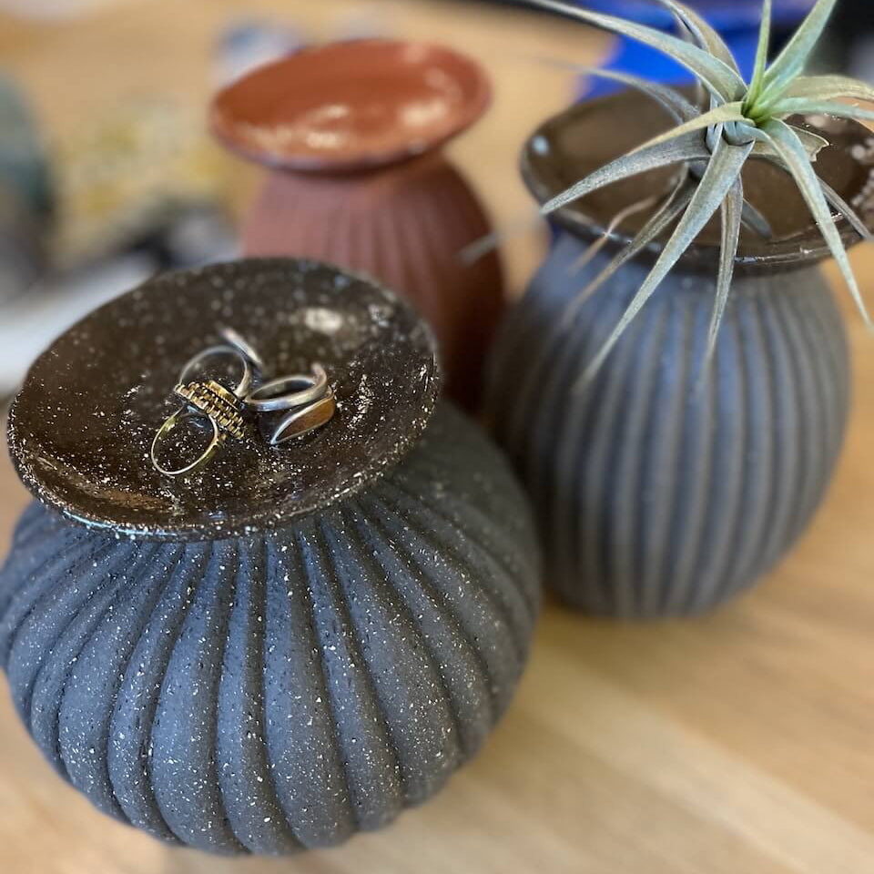 Lola Candle Holder & Trinket Dish - Fluted Texture - Charcoal