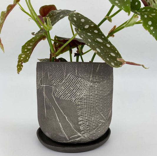 Black ceramic planter with white texture