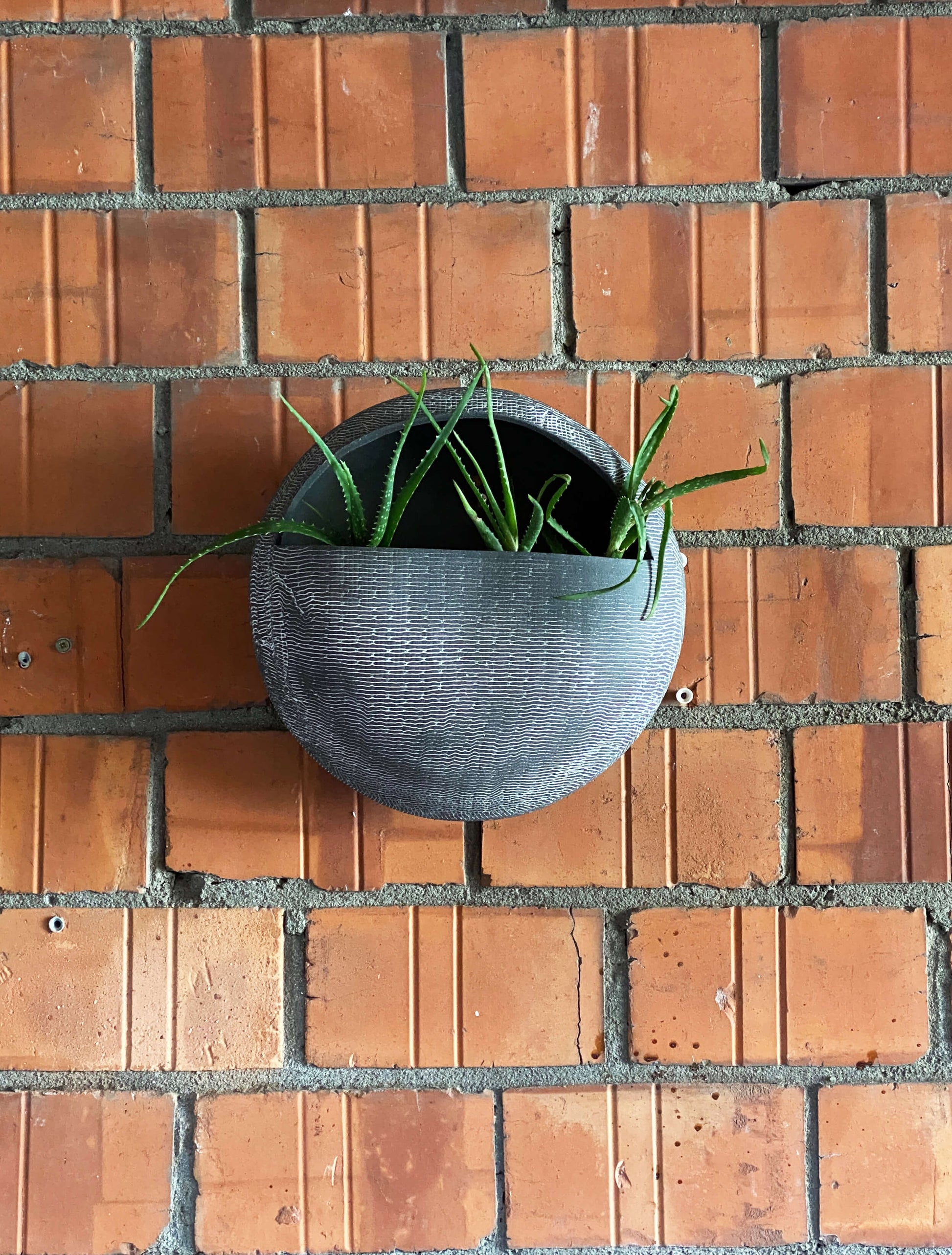 Black ceramic wall hanging planter with white texture